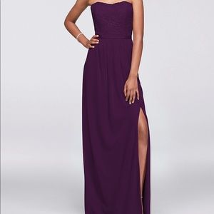 David’s Bridal Strapless Plum Lace + Mesh Dress